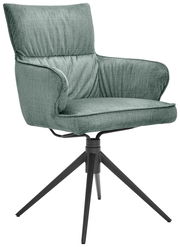 Grüner Armlehnstuhl mit gepolstertem Sitz und Rückenlehne, auf schwarzem Metallgestell mit vier Beinen, seitliche Perspektive