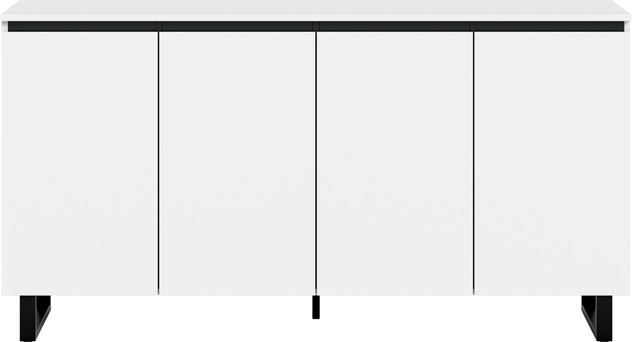 Modernes weißes Sideboard mit vier Türen, frontal betrachtet, auf schwarzen Beinen.