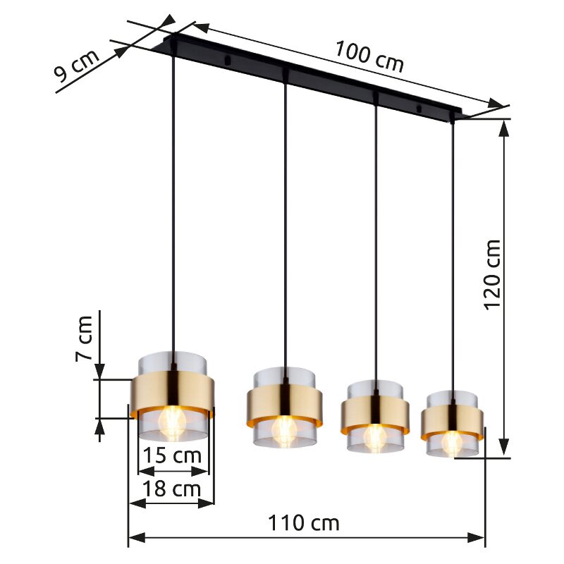 Moderne Hängeleuchte mit vier goldenen Lampenschirmen, seitliche Perspektive, Maße: 110 cm Breite, 120 cm Höhe.