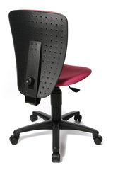 Rückansicht eines Kinder- und Jugendstuhls mit schwarzer Rückenlehne und rotem Sitz, auf Rollen.