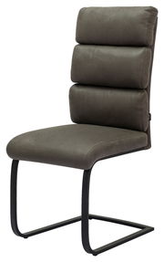 Freischwinger-Stuhl in seitlicher Perspektive mit gepolsterter Rückenlehne und Sitzfläche in dunklem Stoffbezug, schwarzem Metallgestell.