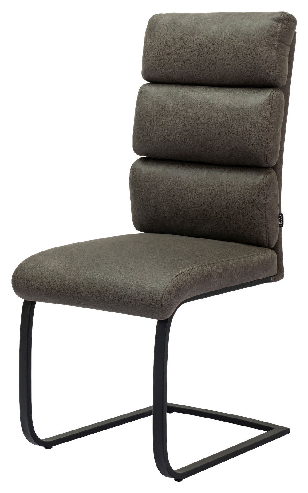 Freischwinger-Stuhl in seitlicher Perspektive mit gepolsterter Rückenlehne und Sitzfläche in dunklem Stoffbezug, schwarzem Metallgestell.