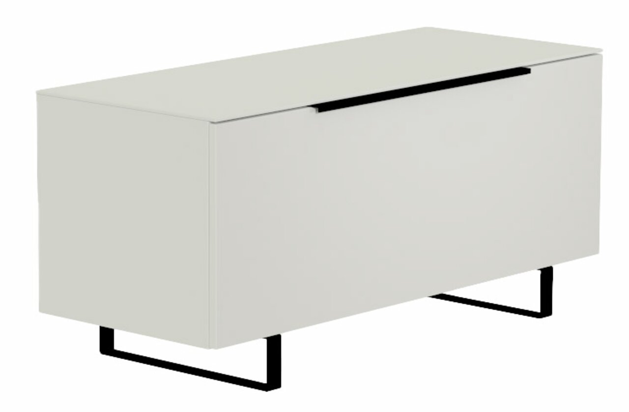 Modernes TV-Lowboard in hellem Design mit schwarzen Metallbeinen, seitliche Perspektive