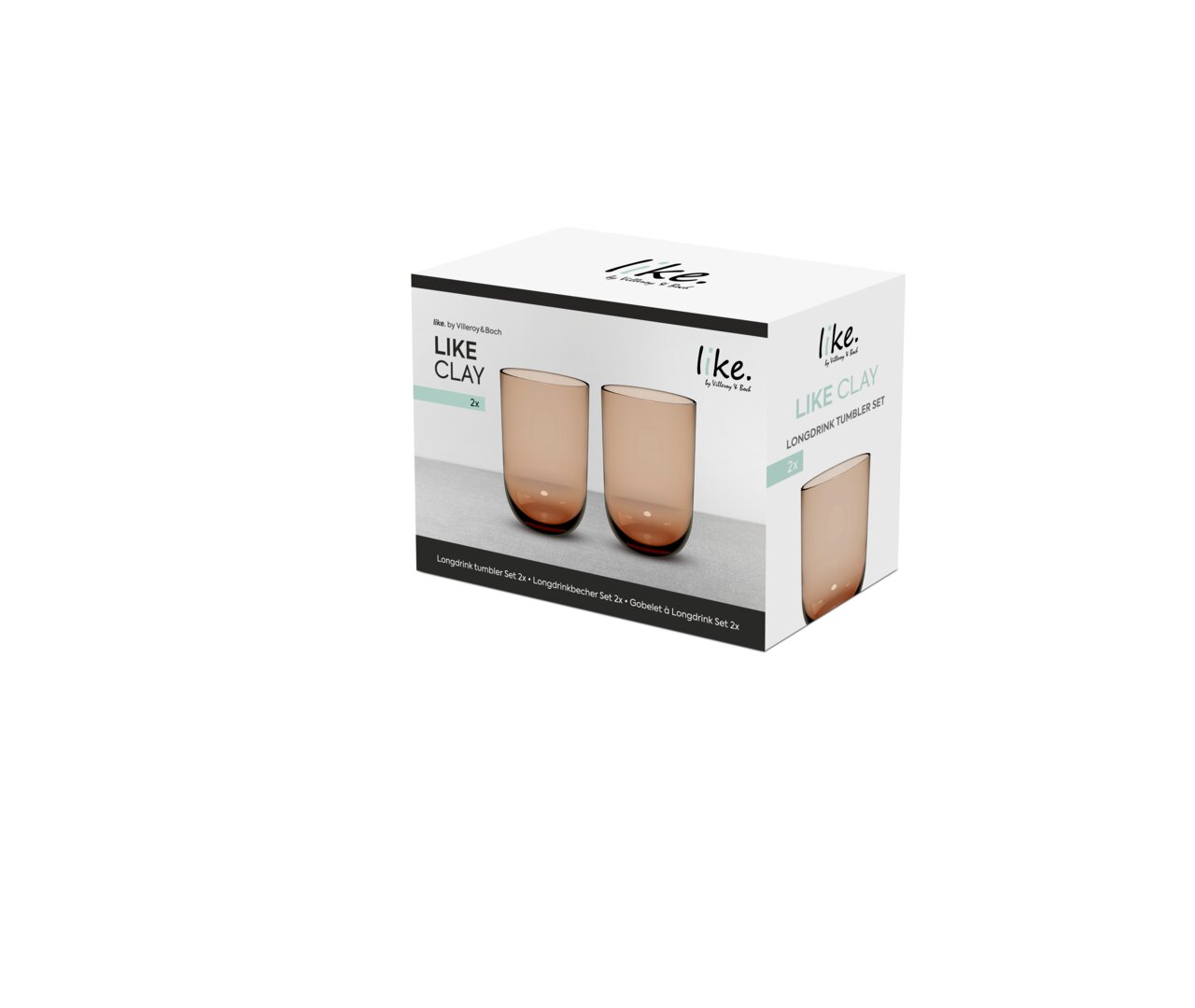 Verpackung eines 2-teiligen Longdrinkbecher-Sets in der Farbe Ton, Vorderansicht