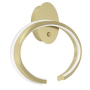 Moderne LED-Wandleuchte mit ringförmigem Licht, gebürstetes Messing/Gold-Optik mit weißem Diffusor, Produktansicht schräg von vorne vor weißem Hintergrund