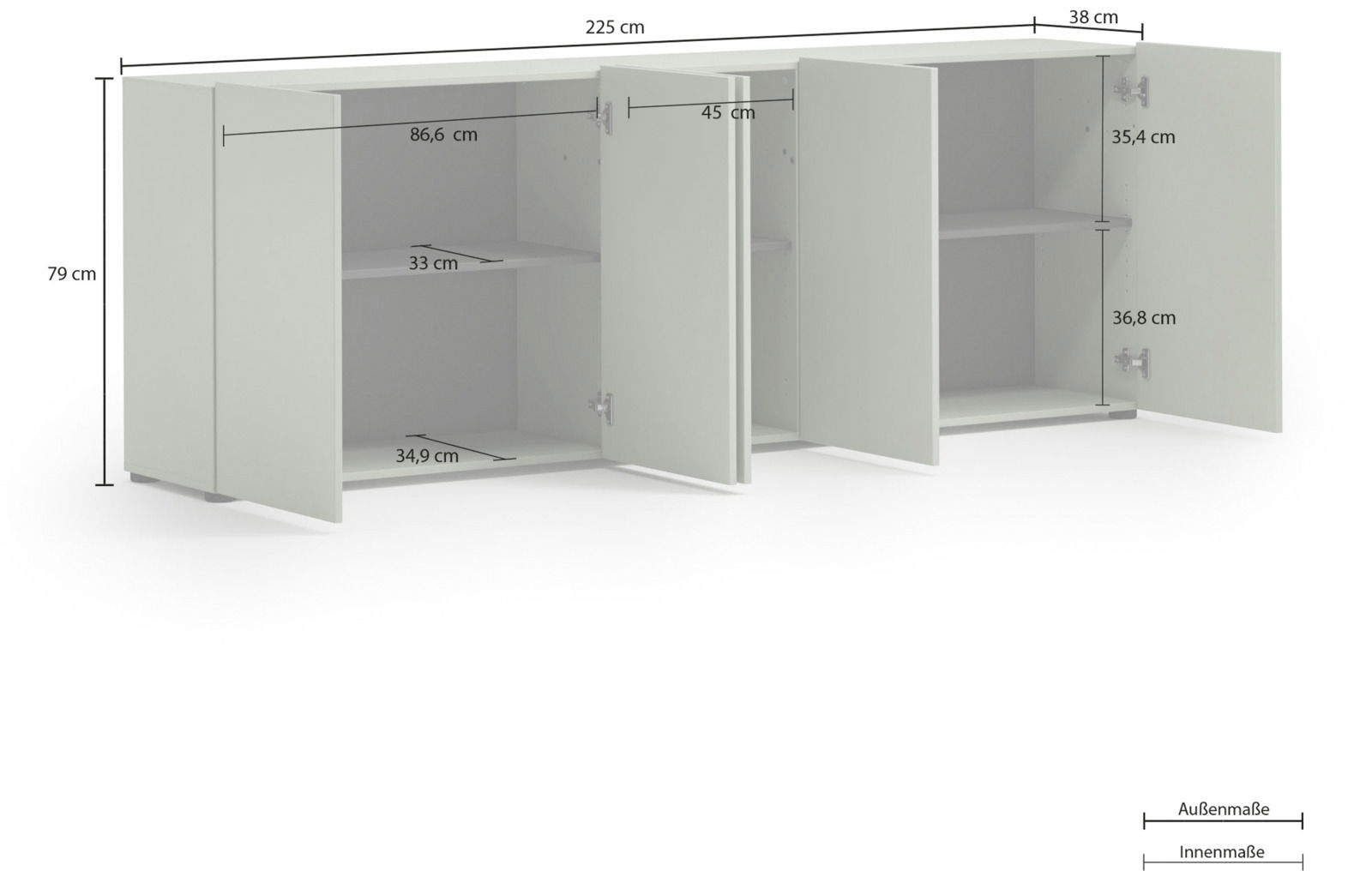 XL-Sideboard in Weiß mit drei offenen Türen, zeigt Innenfächer und Maße aus einer leicht seitlichen Perspektive.