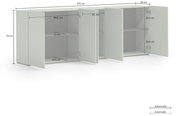 XL-Sideboard in Weiß mit drei offenen Türen, zeigt Innenfächer und Maße aus einer leicht seitlichen Perspektive.