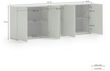 XL-Sideboard in Weiß mit drei offenen Türen, zeigt Innenfächer und Maße aus einer leicht seitlichen Perspektive.
