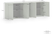 XL-dressoir in wit met drie open deuren, met een blik op de binnenvakken en afmetingen vanuit een licht zijdelings perspectief.