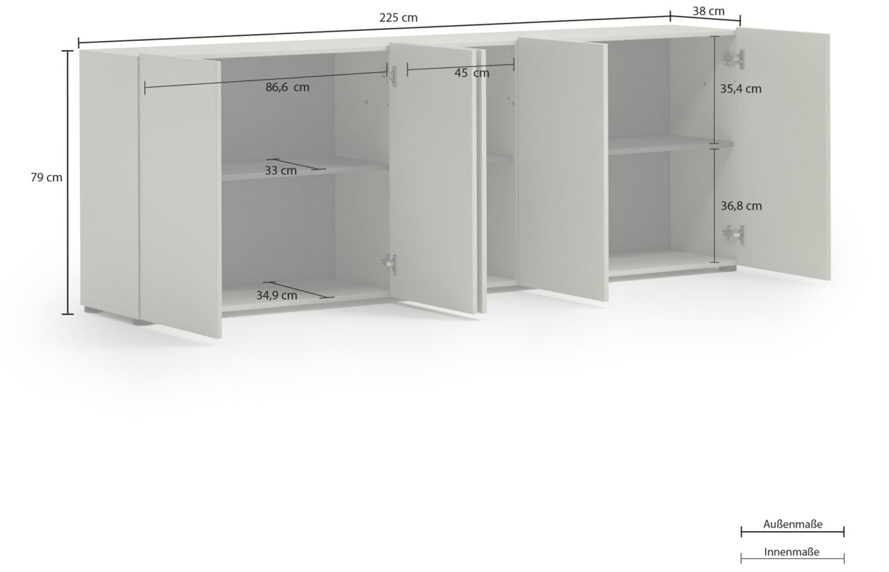 XL-dressoir in wit met drie open deuren, met een blik op de binnenvakken en afmetingen vanuit een licht zijdelings perspectief.