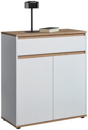 Moderne weiße Kommode mit Holzdetails, frontal abgebildet, mit einer Lampe und einem Buch auf der Oberseite.