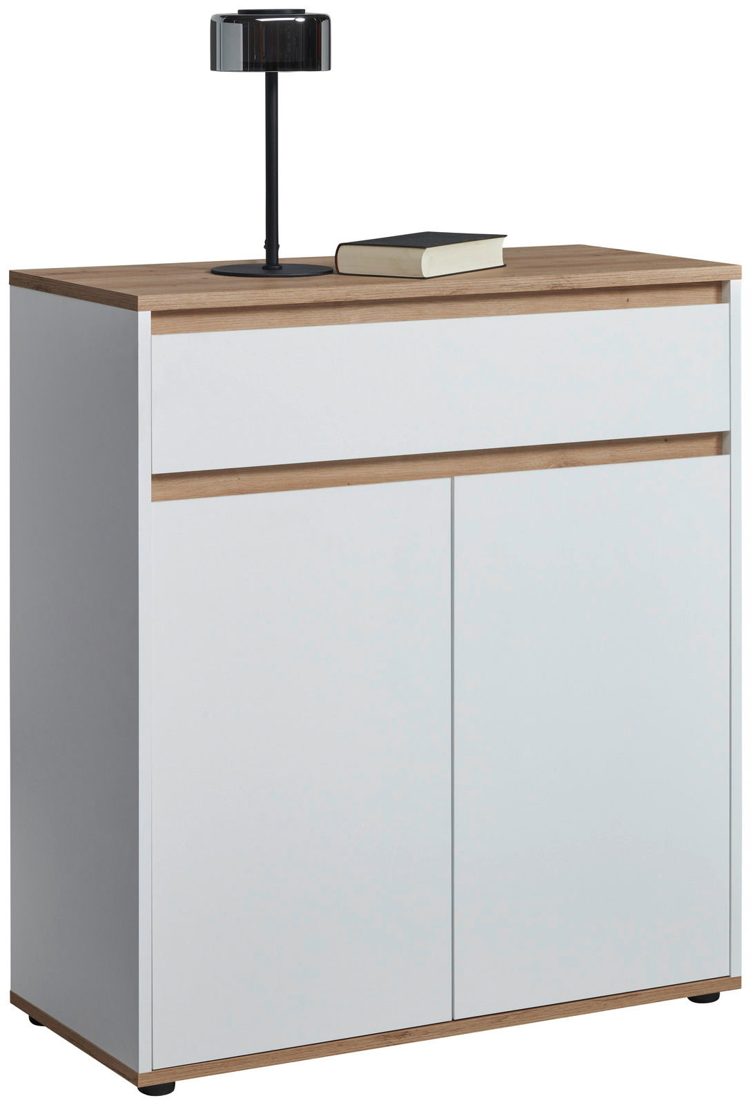 Moderne weiße Kommode mit Holzdetails, frontal abgebildet, mit einer Lampe und einem Buch auf der Oberseite.