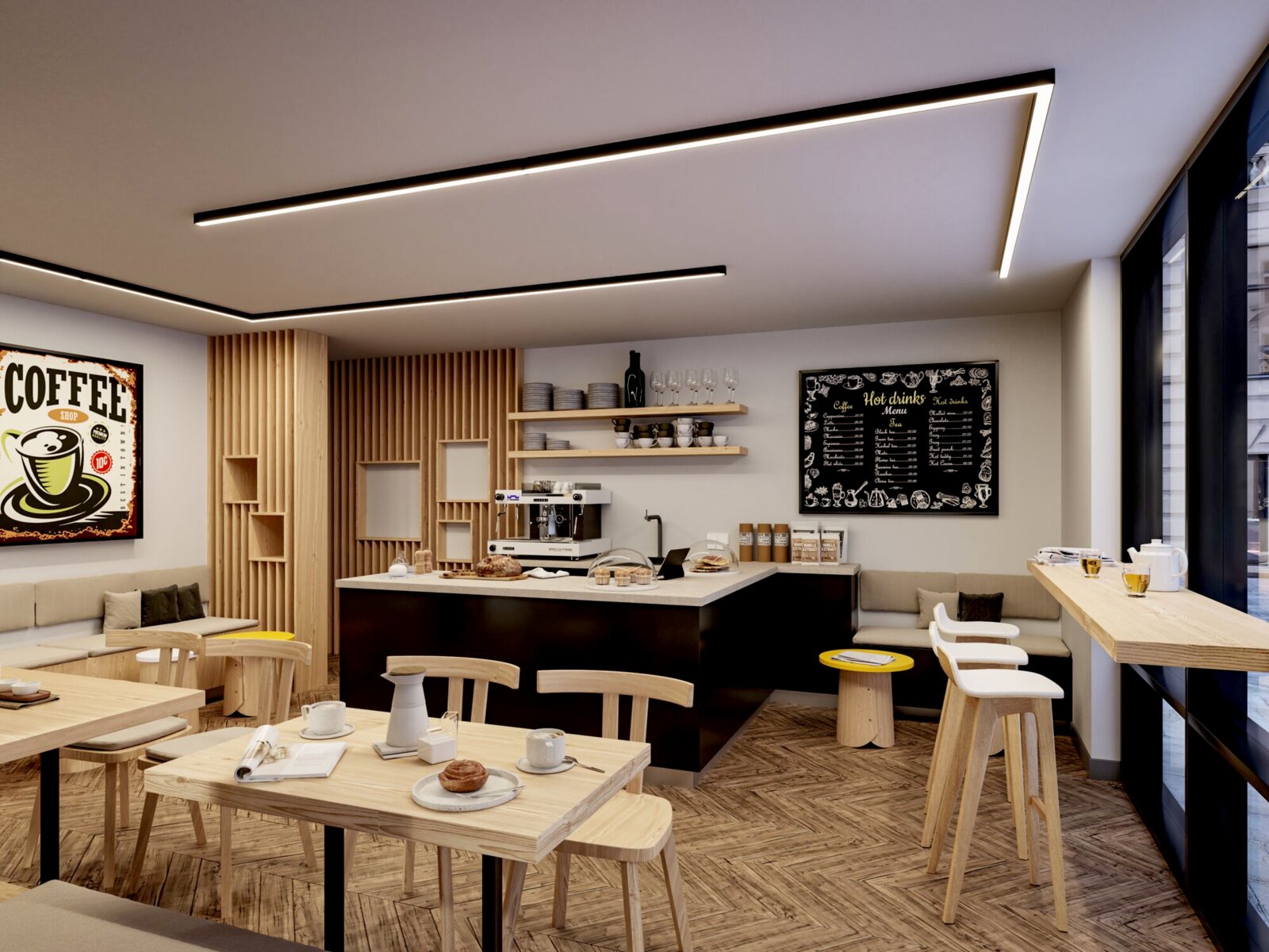 PAULMANN Lichtkanal 100 cm LINION Modernes Café-Interieur mit heller Holzmöblierung, Theke mit Espressomaschine, Wandregalen und Menütafel sowie geometrischen LED-Deckenleuchten; Perspektive: leicht erhöhte Weitwinkel-Ansicht aus dem Gastraum Richtung Theke und Fensterfront.