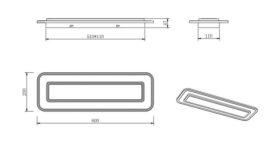 Technische Zeichnung einer rechteckigen LED-Deckenleuchte mit den Maßen 600x200 mm und einer Höhe von 47 mm, seitliche und perspektivische Ansicht.