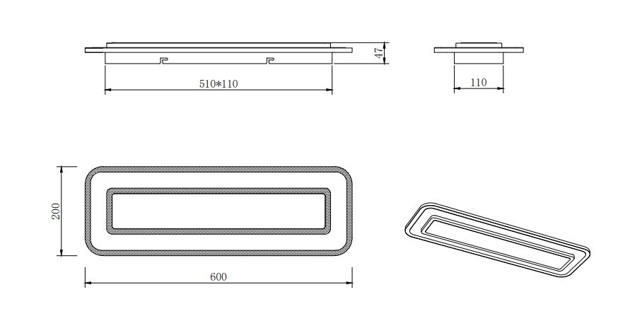 Technische tekening van een rechthoekige led-plafondlamp met afmetingen van 600 x 200 mm en een hoogte van 47 mm, zijaanzicht en perspectiefaanzicht.