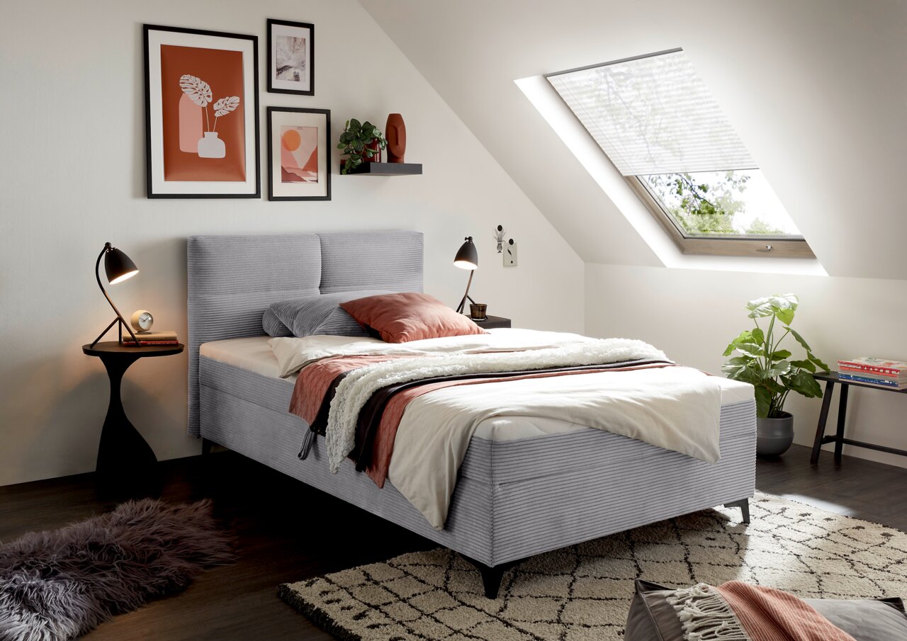 Gemütliches Boxbett in einem modernen Schlafzimmer mit schrägem Dachfenster, dekoriert mit stilvollen Bildern und Pflanzen, seitliche Perspektive.