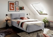 Gemütliches Boxbett in einem modernen Schlafzimmer mit schrägem Dachfenster, dekoriert mit stilvollen Bildern und Pflanzen, seitliche Perspektive.