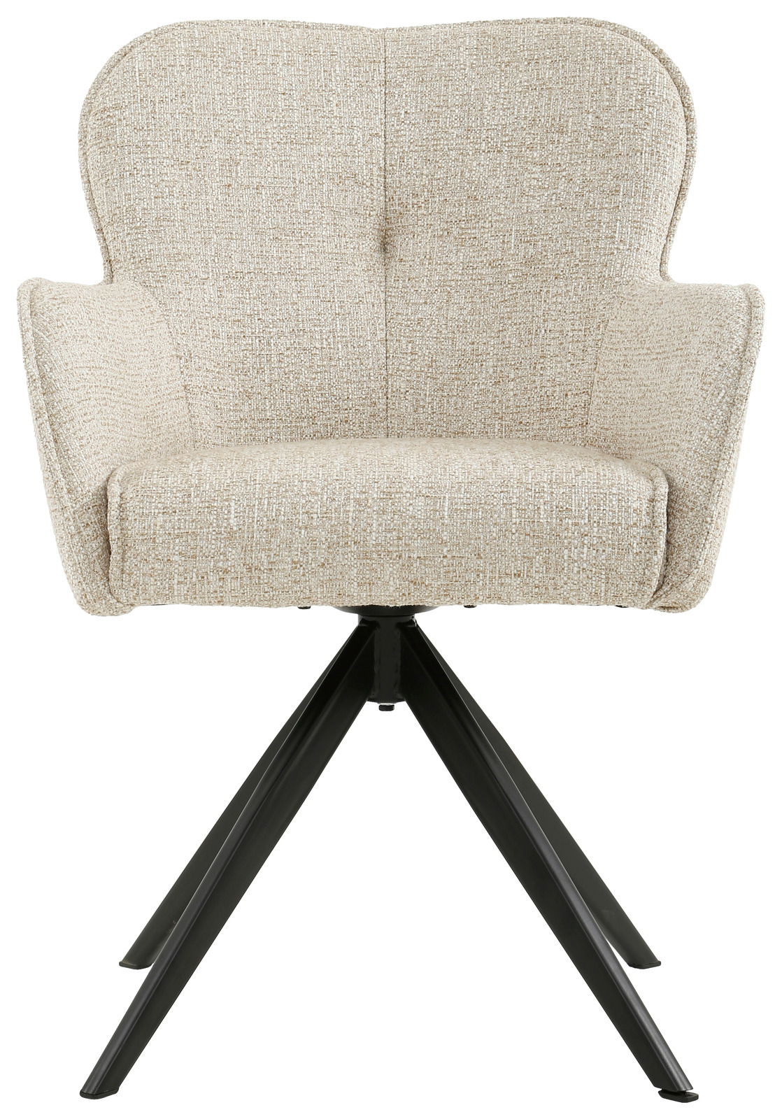 Frontansicht eines beigen Armlehnstuhls mit schwarzem Metallgestell und gepolsterter Sitzfläche.