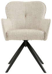 Frontansicht eines beigen Armlehnstuhls mit schwarzem Metallgestell und gepolsterter Sitzfläche.