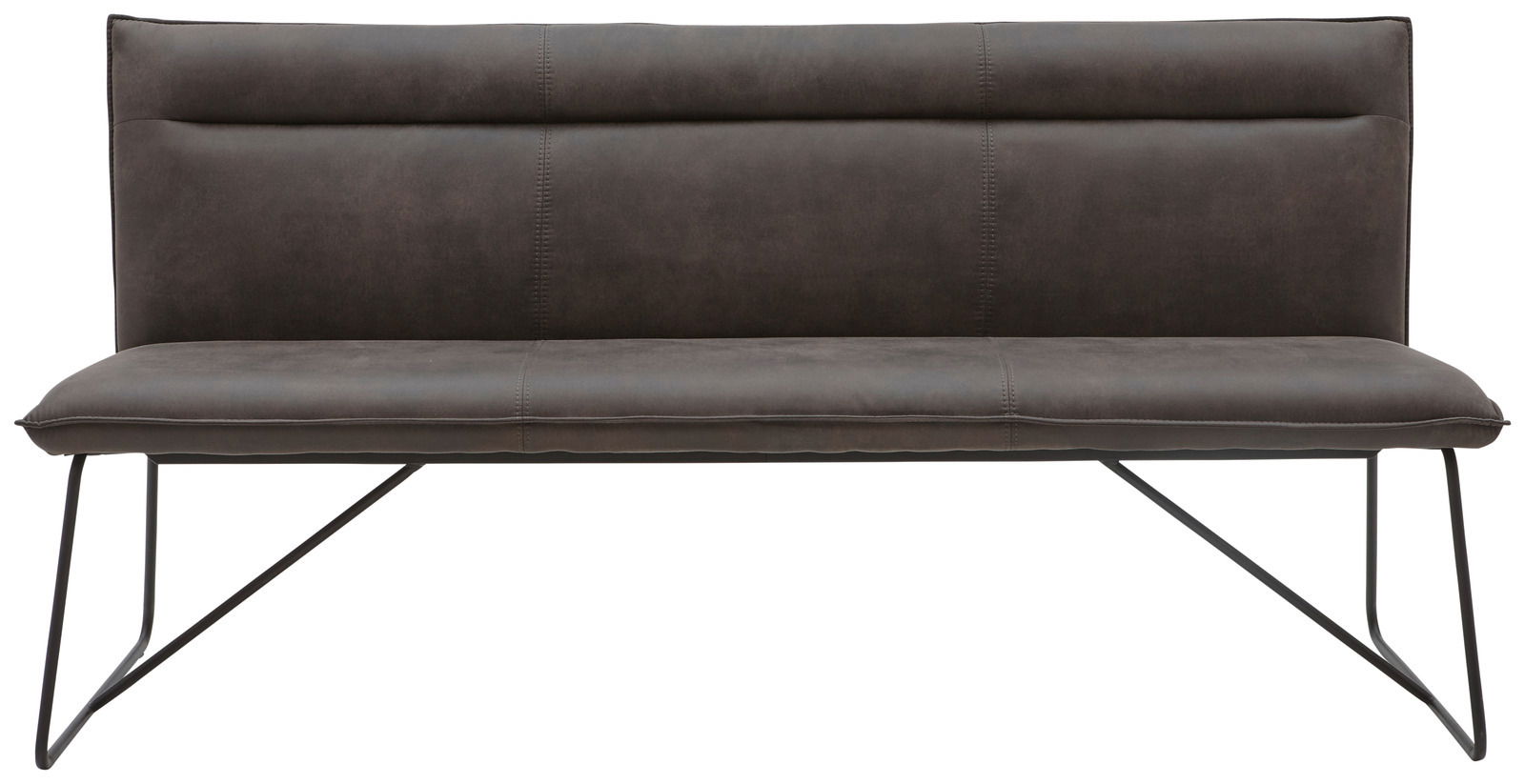 Moderne Bank mit dunklem Polster und Metallbeinen, Frontalansicht