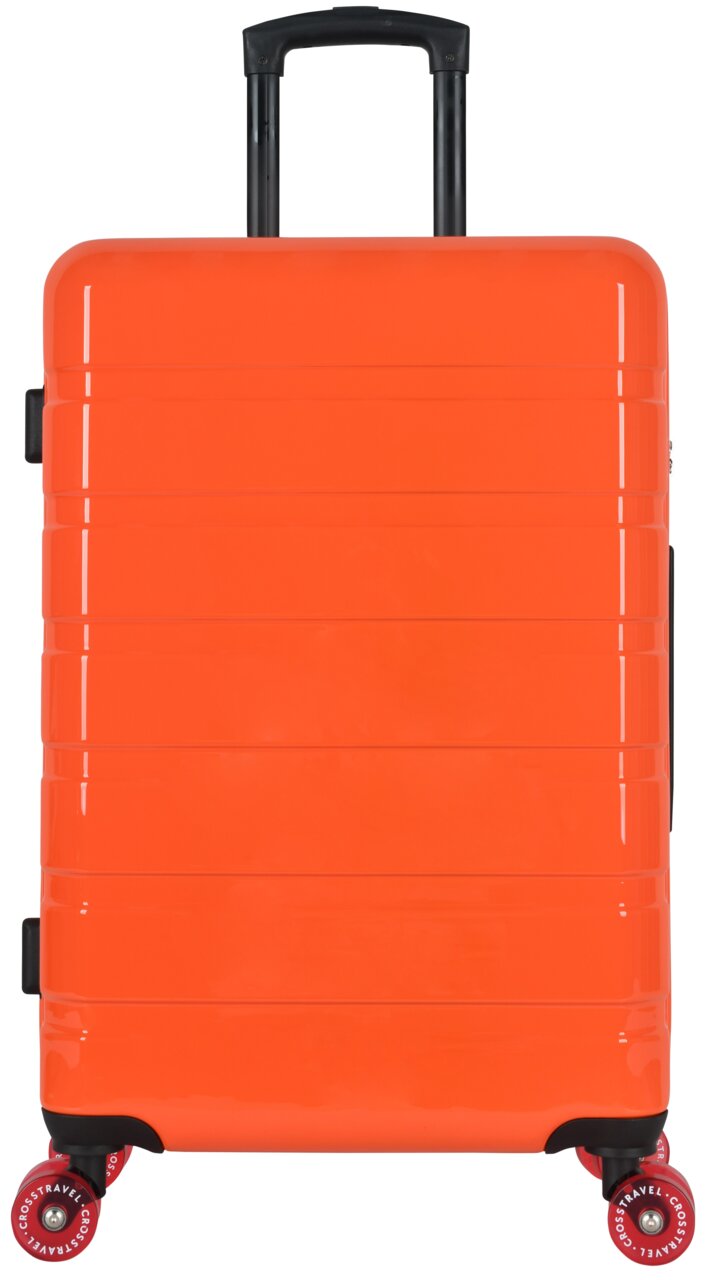 Oranger Hartschalen-Trolleykoffer mit ausziehbarem Teleskopgriff und vier Rollen, Frontansicht auf weißem Hintergrund