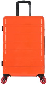 Oranje harde trolleykoffer met uitschuifbare telescoopsteel en vier wieltjes, vooraanzicht op een witte achtergrond