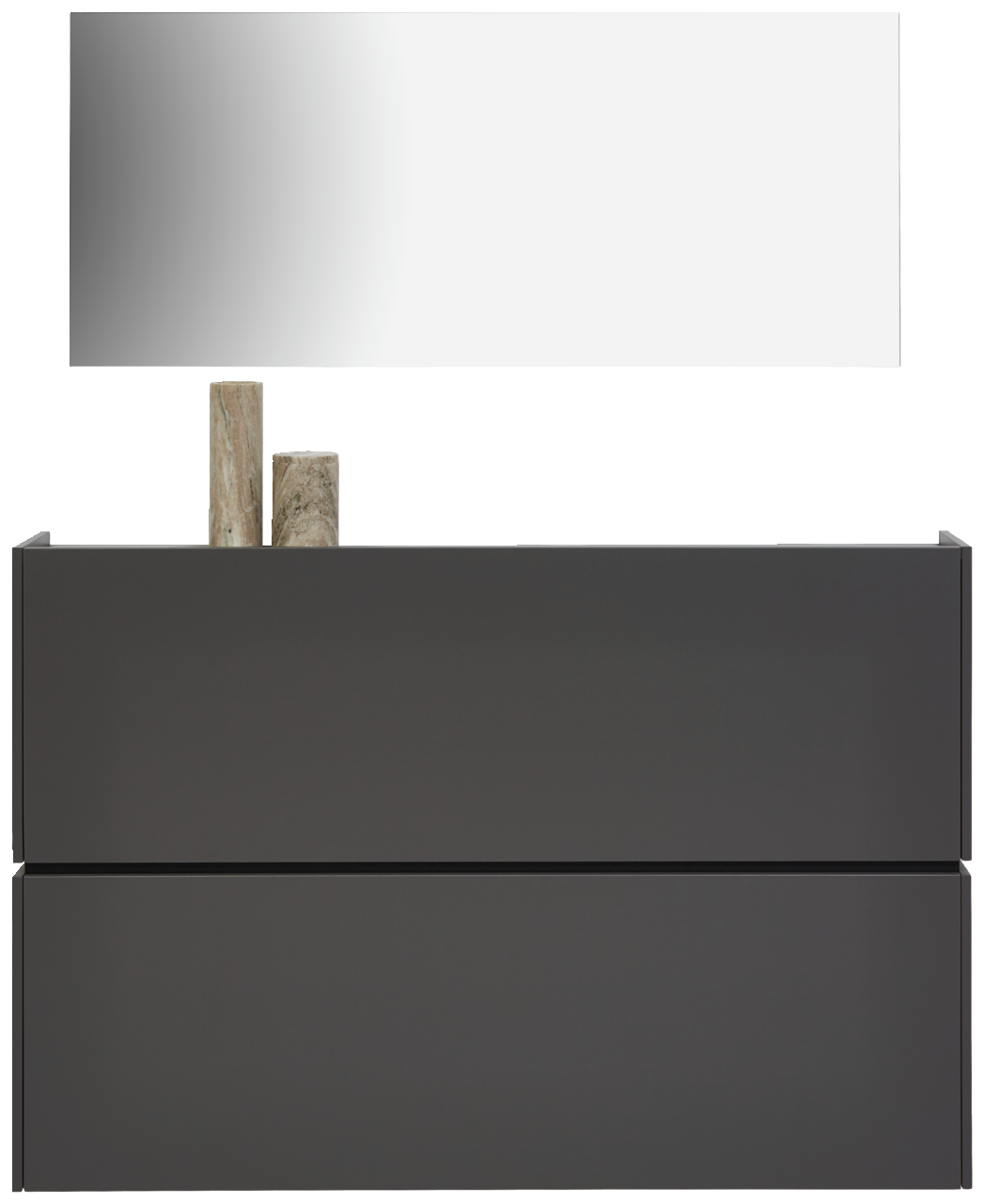 Garderoben-Set in Graphit mit modernem, rechteckigem Spiegel und zwei Schubladen, frontal betrachtet.