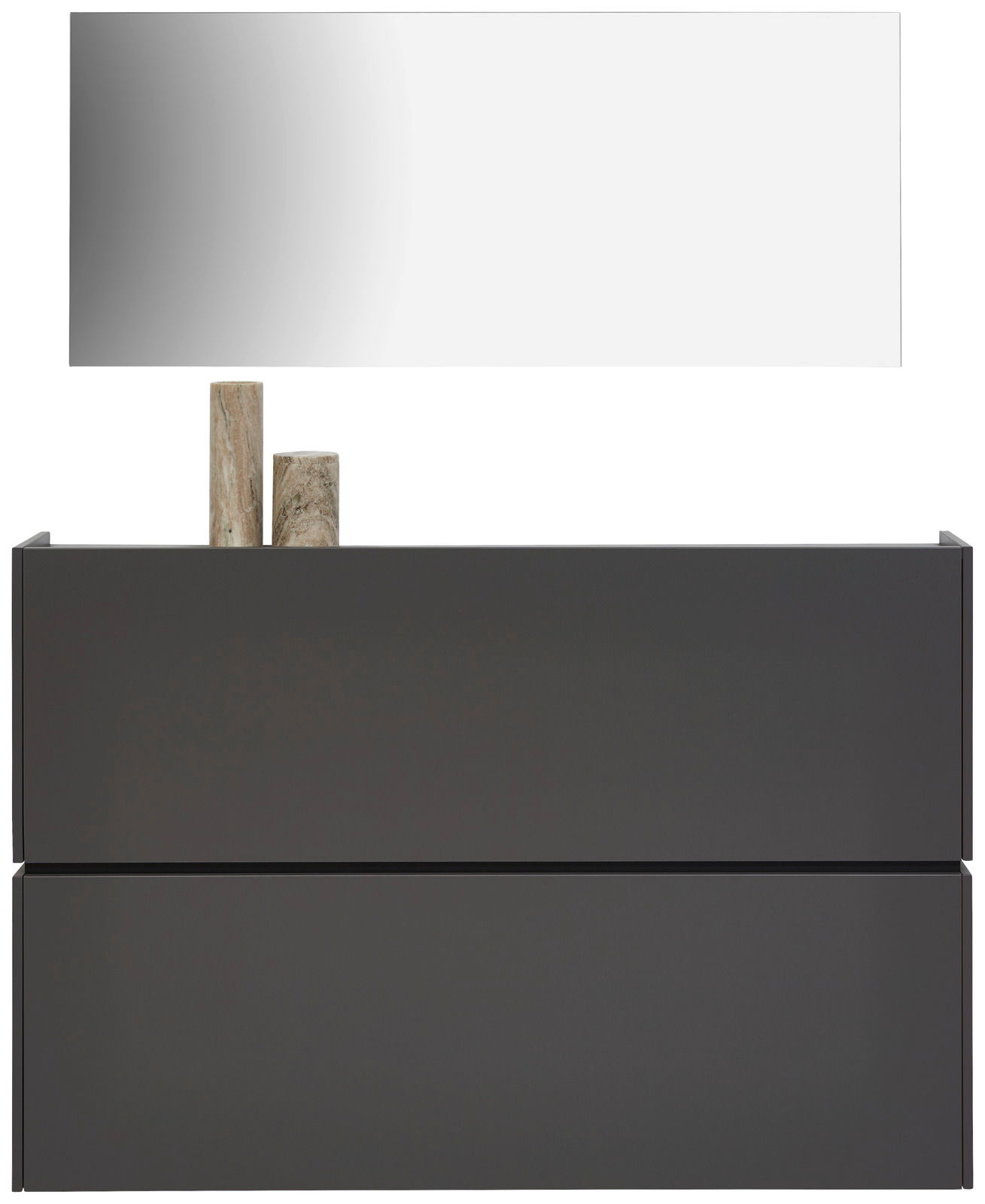 Garderoben-Set in Graphit mit modernem, rechteckigem Spiegel und zwei Schubladen, frontal betrachtet.