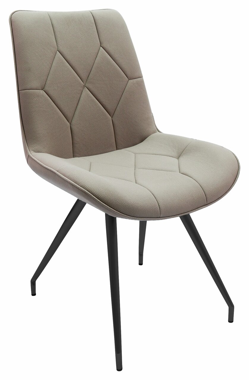 Moderner Stuhl mit gepolsterter Sitzfläche und Rückenlehne in Beige, schwarzes Metallgestell, seitliche Perspektive