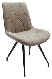 Moderner Stuhl mit gepolsterter Sitzfläche und Rückenlehne in Beige, schwarzes Metallgestell, seitliche Perspektive