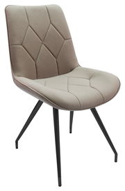 Moderner Stuhl mit gepolsterter Sitzfläche und Rückenlehne in Beige, schwarzes Metallgestell, seitliche Perspektive