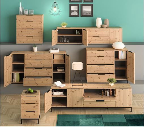 Wohnzimmermöbel-Set aus Holz mit mehreren Schränken und Kommoden, frontal betrachtet. Enthält eine Nachtkommode, ein Metalluntergestell und dekorative Elemente.