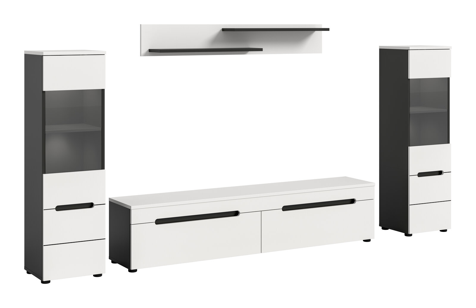 Modernes Wohnzimmermöbel-Set in Weiß und Anthrazit mit zwei hohen Vitrinenschränken, langem TV-Lowboard und Wandregal, Frontansicht in leichter Perspektive (schräg von vorn) auf weißem Hintergrund.