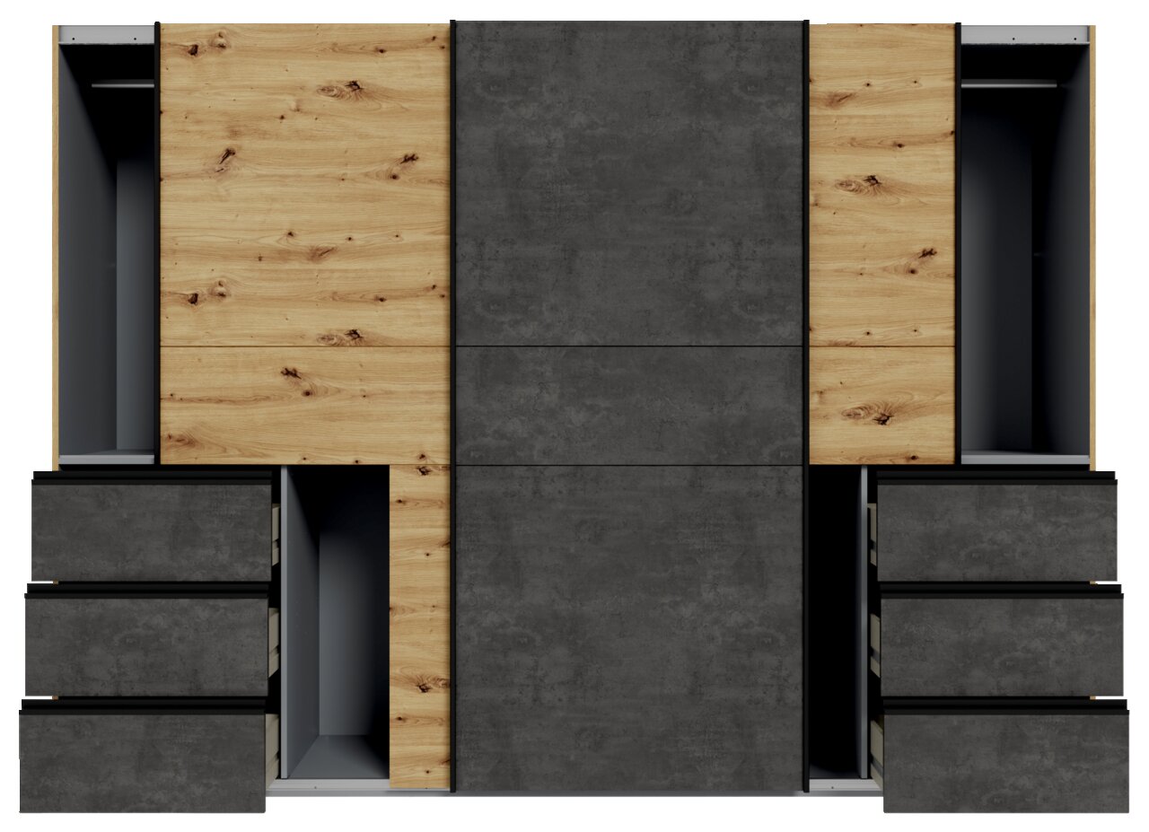 Vooraanzicht van een drievoudige kast met zweefdeuren in hout- en betonlook, met gedeeltelijk geopende lades en deuren.