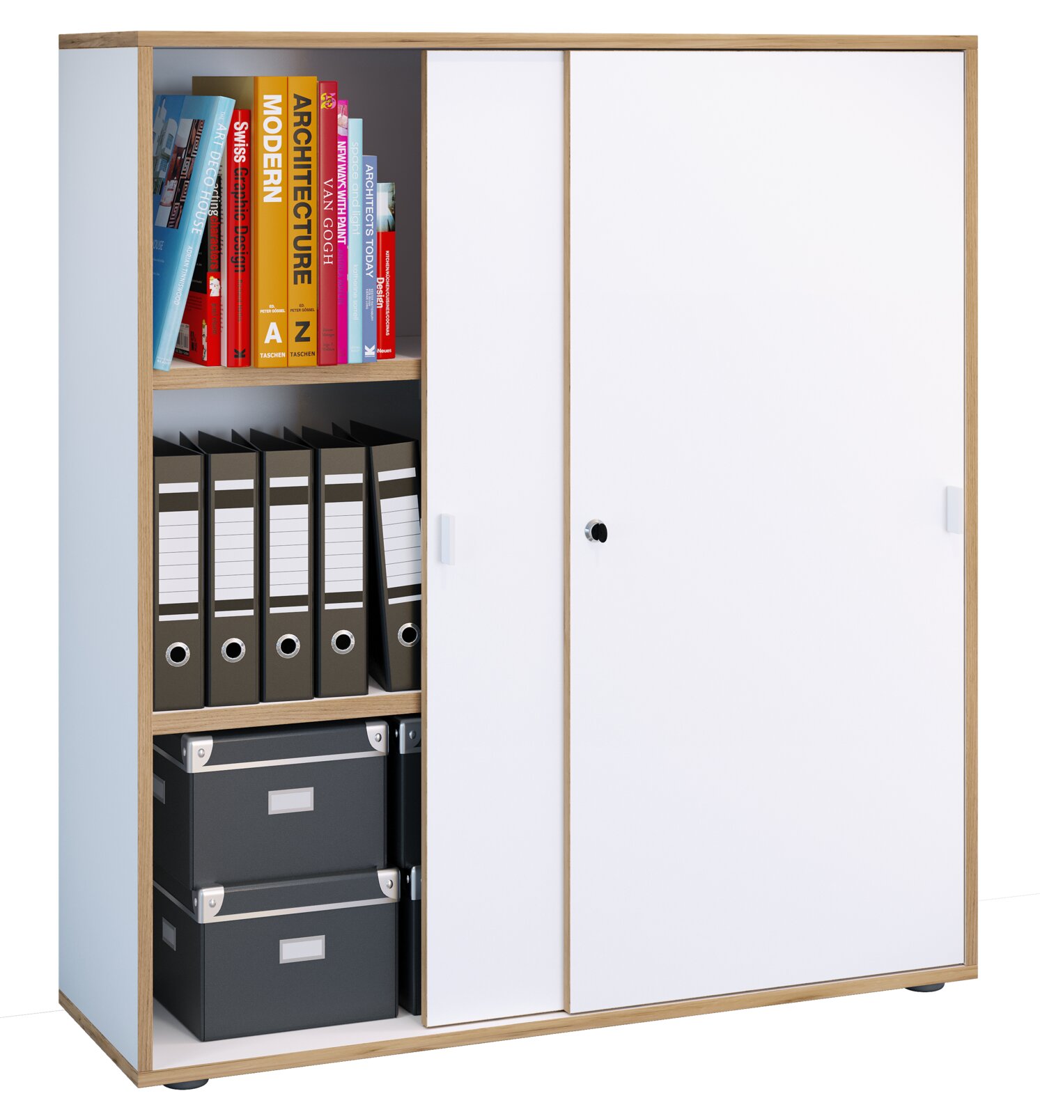 Büro-Aktenschrank in Holzoptik mit weißen Schiebetüren und Schloss, linke Fächer mit Büchern, Ordnern und Boxen, frontale Ansicht leicht von links