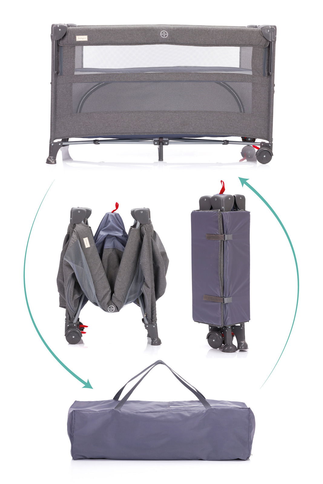 Reisebett in grauer Farbe, zusammenklappbar und mit Transporttasche, Vorderansicht und gefaltet.