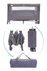 Reisebett in grauer Farbe, zusammenklappbar und mit Transporttasche, Vorderansicht und gefaltet.