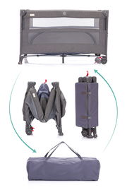 Reisebett in grauer Farbe, zusammenklappbar und mit Transporttasche, Vorderansicht und gefaltet.