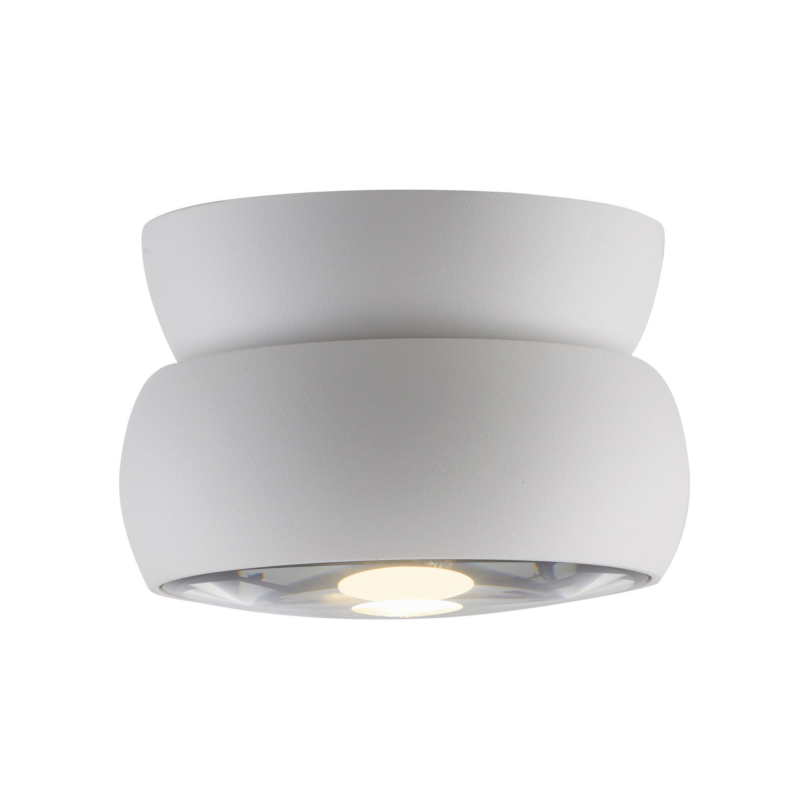 Moderne LED-Deckenleuchte in Weiß, seitliche Perspektive