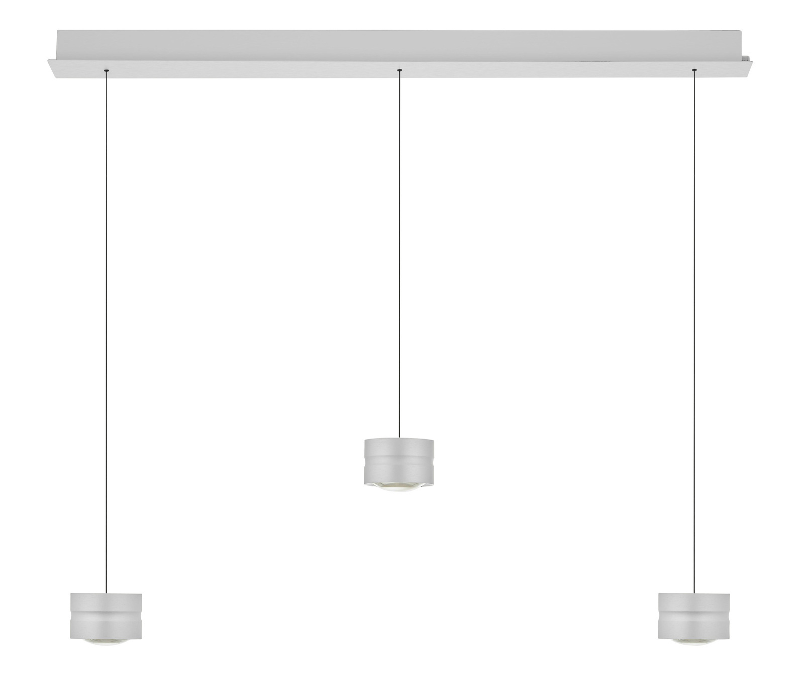 Elements by Bankamp LED-Pendelleuchte ELEMENTS Moderne LED-Pendelleuchte mit drei zylindrischen Lampenschirmen, hängend an dünnen Kabeln von einer rechteckigen Deckenhalterung, Frontalansicht.