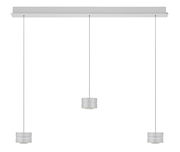 Moderne LED-Pendelleuchte mit drei zylindrischen Lampenschirmen, hängend an dünnen Kabeln von einer rechteckigen Deckenhalterung, Frontalansicht.