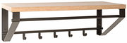 Wandgarderobe mit Holzablage und schwarzen Metallhaken, seitliche Perspektive
