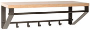 Wandgarderobe mit Holzablage und schwarzen Metallhaken, seitliche Perspektive
