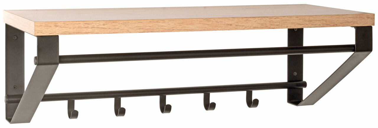 Wandkapstok met houten plank en zwarte metalen haken, zijaanzicht