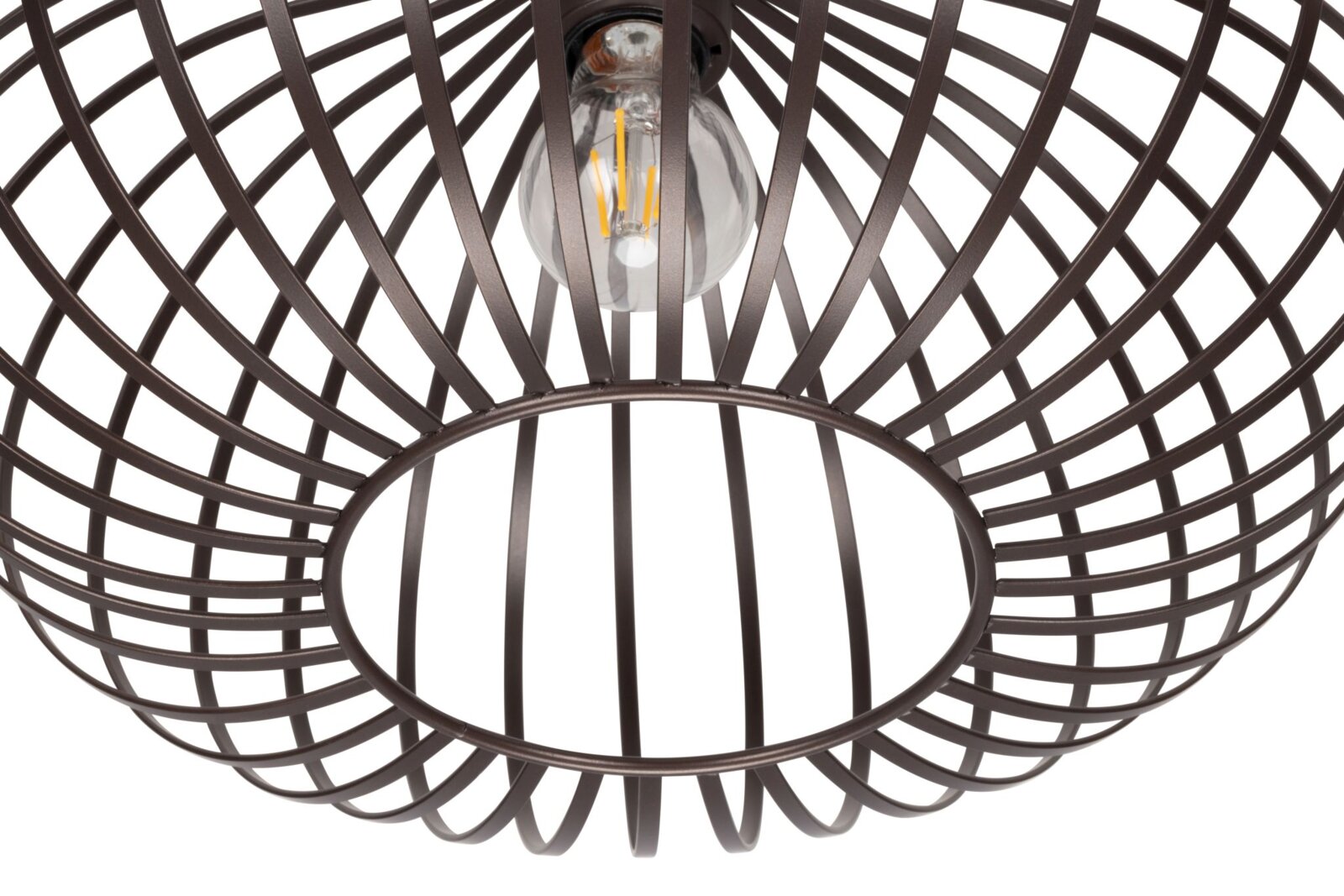 Close-up van een moderne plafondlamp met een open, rond metalen roosterontwerp, gezien van onderaf.