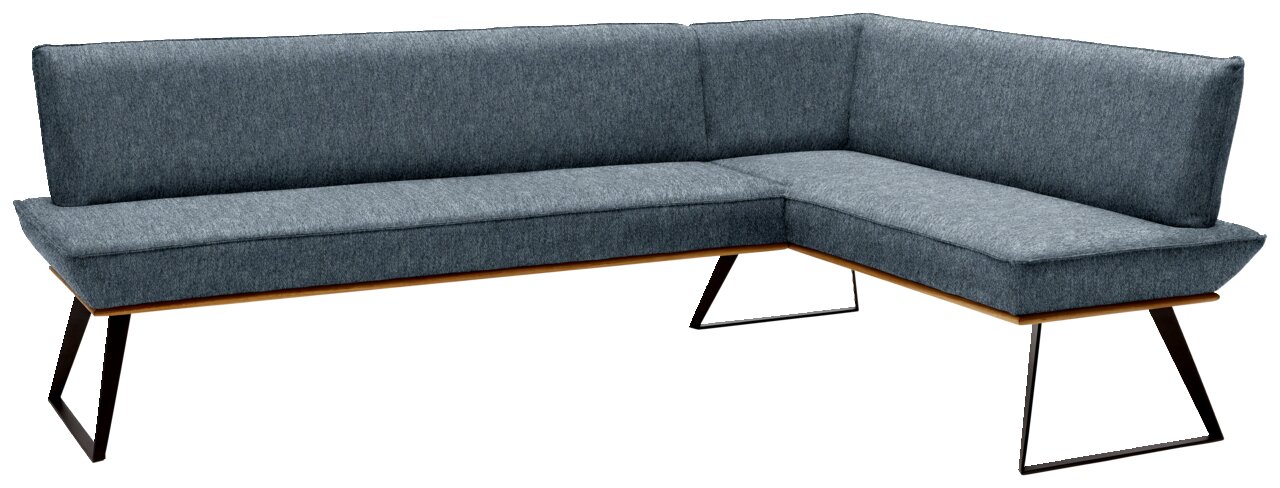 L-vormige hoekbank, 243 x 183 cm, met grijze stoffen bekleding en moderne metalen poten, zijaanzicht