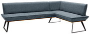 L-vormige hoekbank, 243 x 183 cm, met grijze stoffen bekleding en moderne metalen poten, zijaanzicht