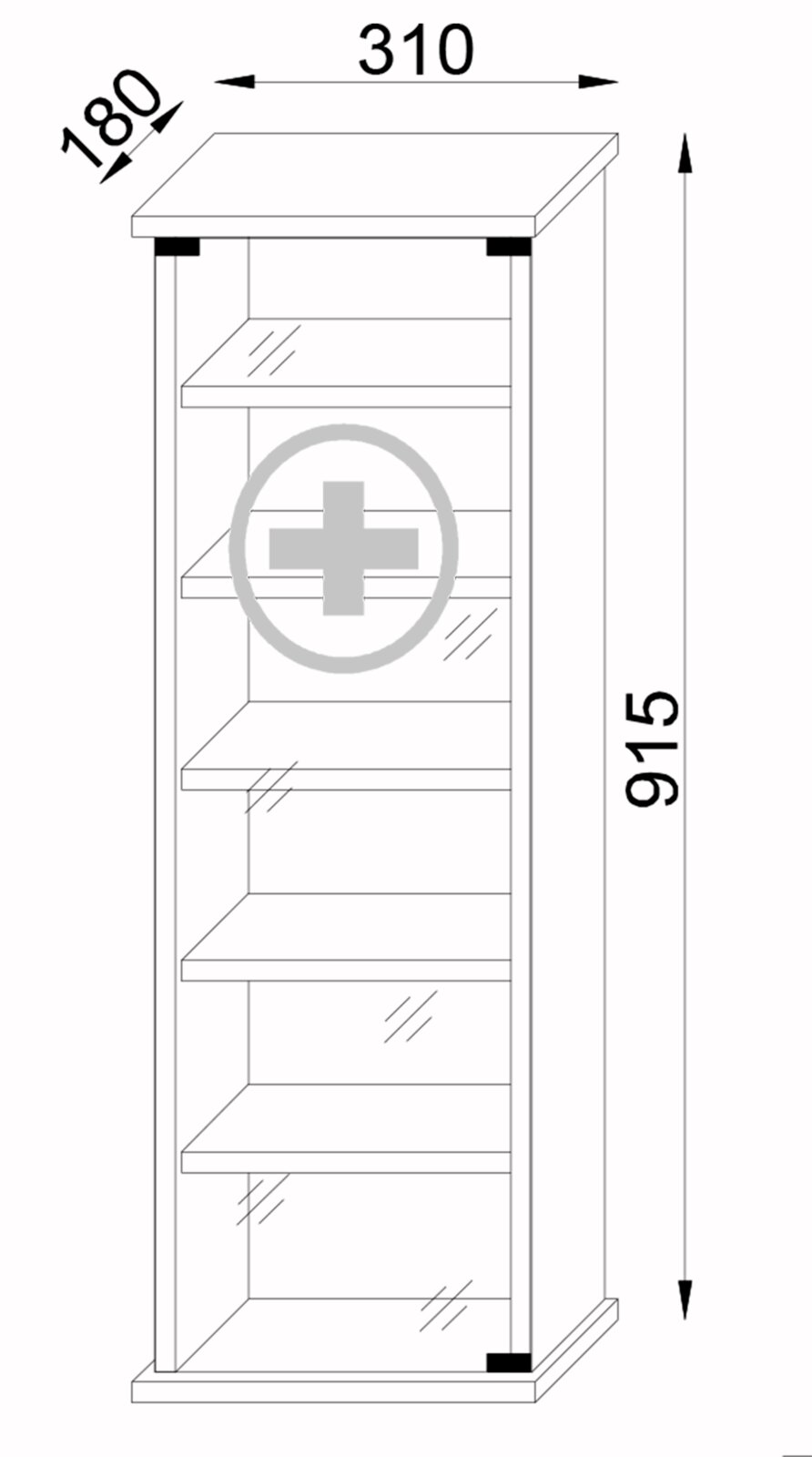 Technische Strichzeichnung eines schmalen Regals/Schrankregals mit mehreren Einlegeböden, Maße 310 x 180 x 915 mm, in frontaler Ansicht.