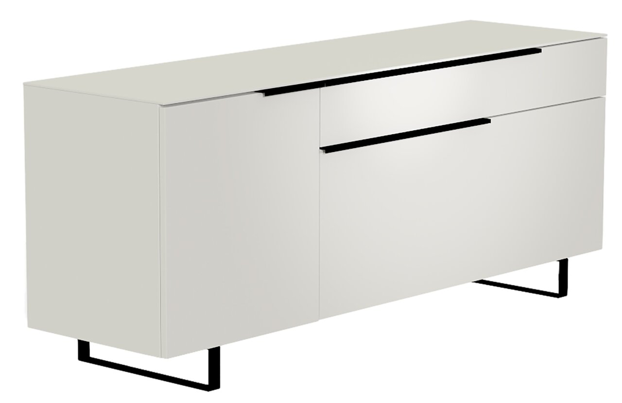 Modernes weißes TV-Lowboard mit schwarzen Griffen und Metallbeinen, seitliche Perspektive