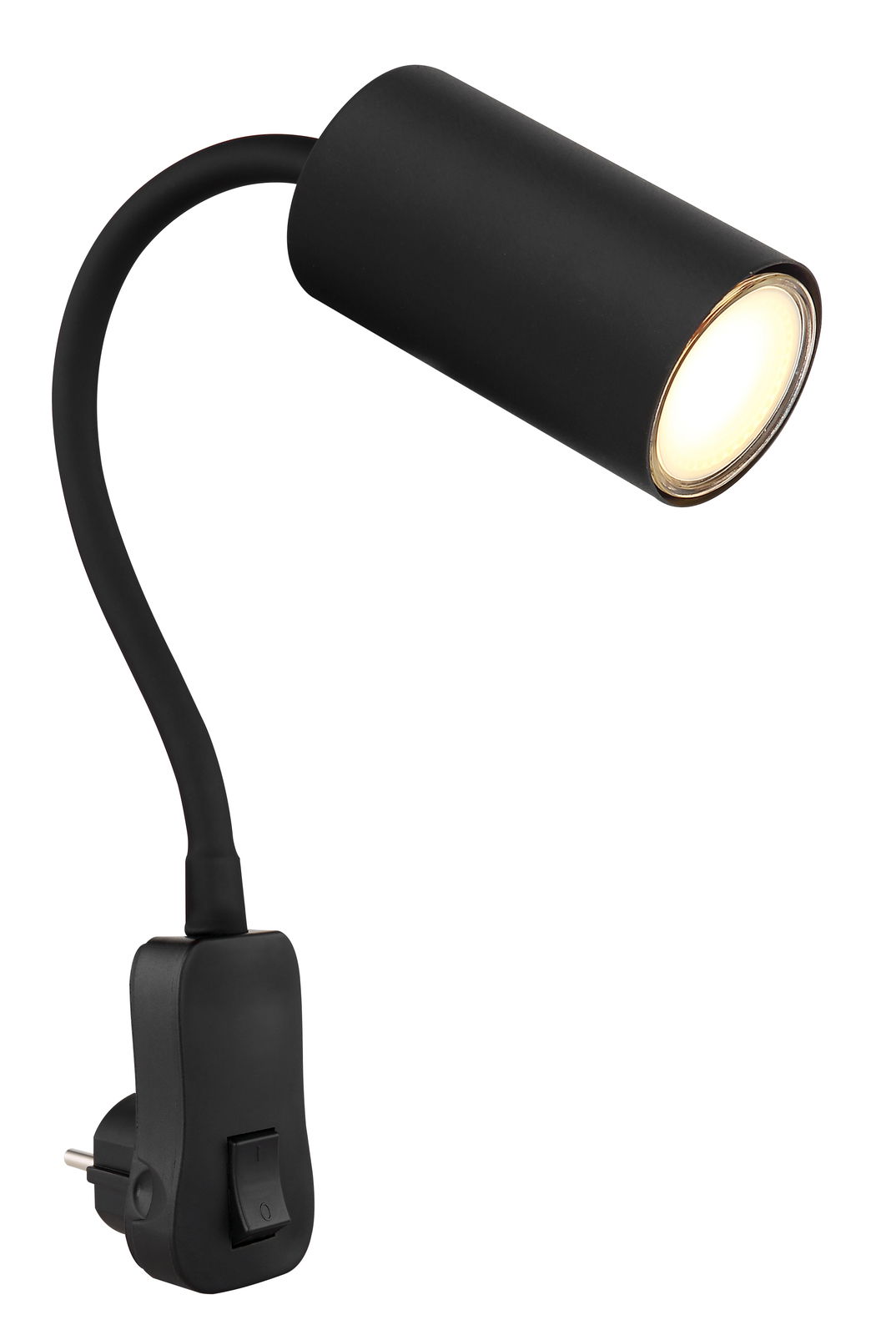 Schwarze Wandleuchte mit flexiblem Arm und integriertem Schalter, seitliche Perspektive